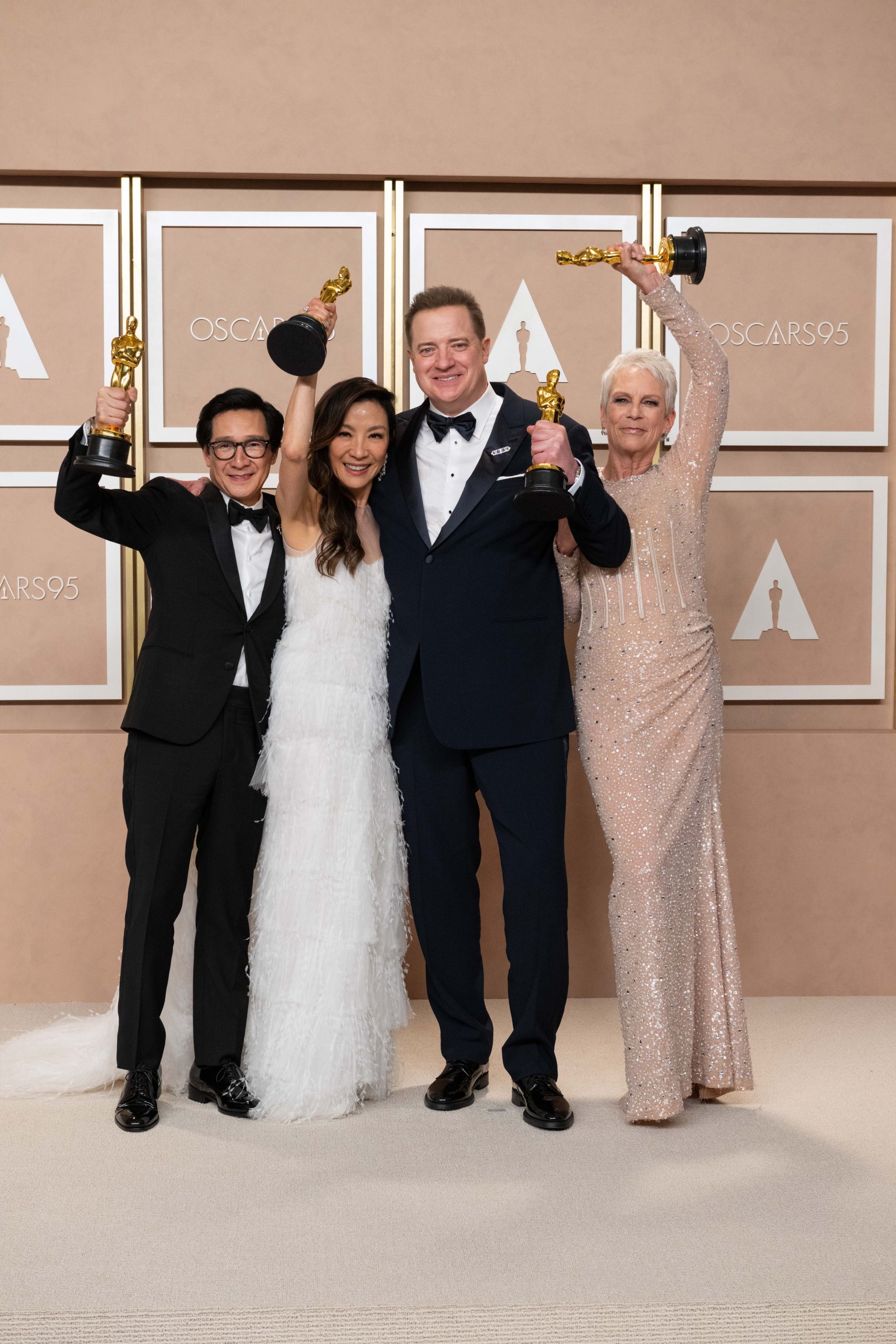 Oscar Winners Ke Huy Quan, Michelle Yeoh, Brendan Fraser and Jaime Lee Curtis pose backstage during the live ABC telecast of the 95th Oscars® at Dolby® Theatre at Ovation Hollywood on Sunday, March 12, 2023.
