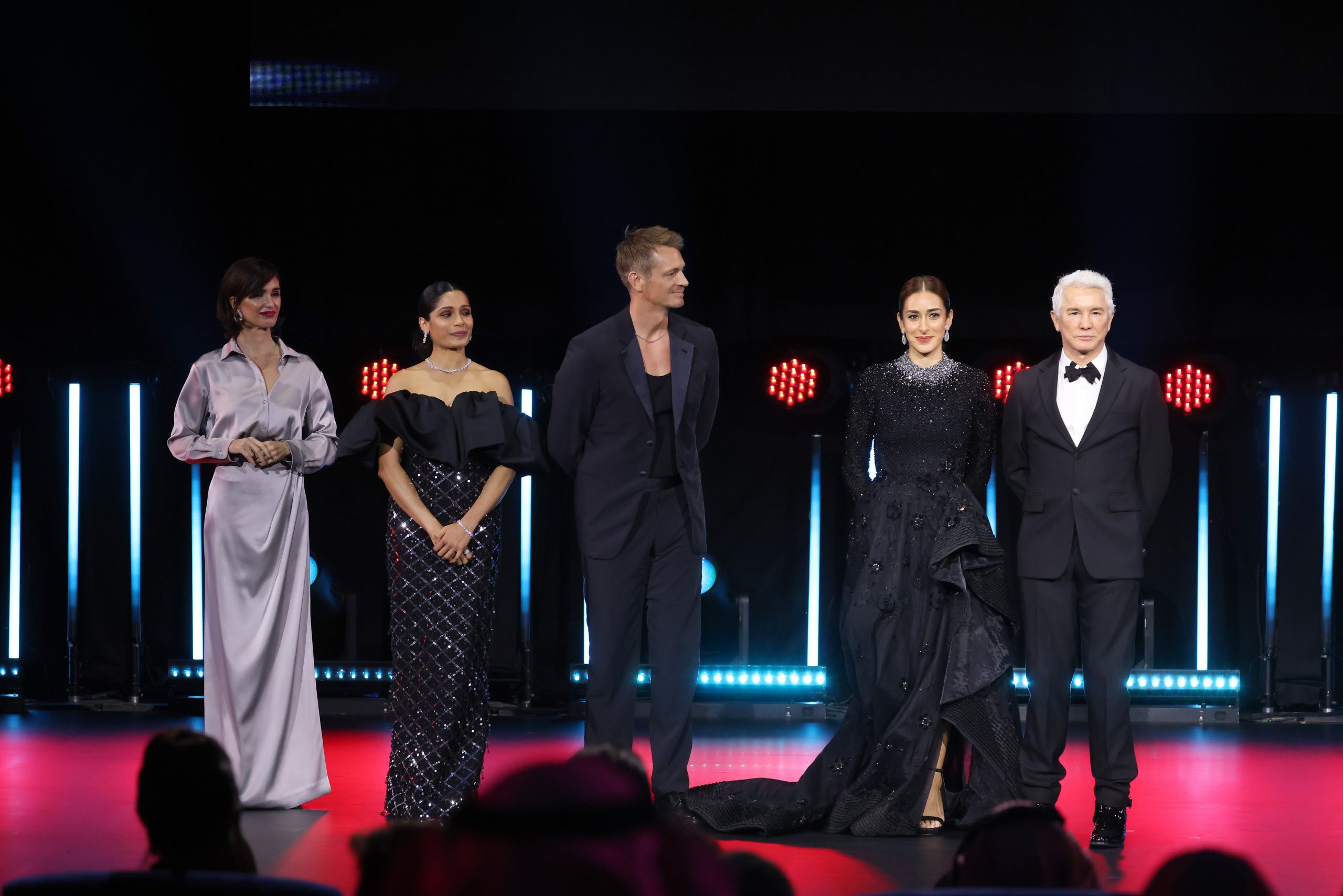 JEDDAH, SAUDI ARABIA - NOVEMBER 30: (L-R) Jury Member, Paz Vega, Jury Member, Freida Pinto, Jury Member, Joel Kinnaman, Jury Member, Amina Khalil and Jury President, Baz Luhrmann on stage during the Opening Ceremony at the Red Sea International Film Festival 2023 on November 30, 2023 in Jeddah, Saudi Arabia. (Photo by Tim P. Whitby/Getty Images for The Red Sea International Film Festival)